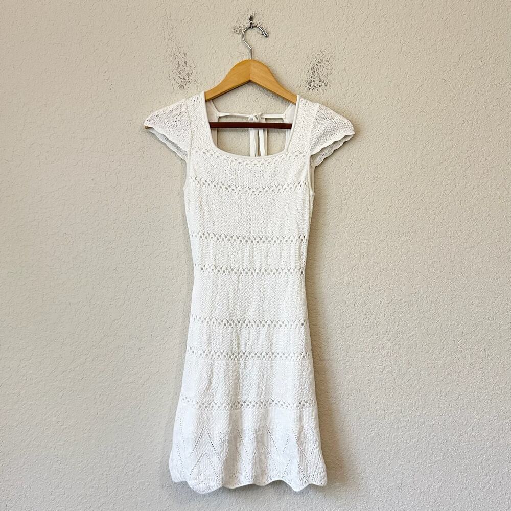 LOVESHACKFANCY Elvirie Mini Dress White Pointelle Knit Tie Back Lined